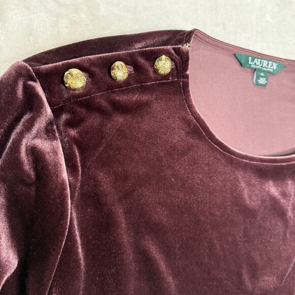 LAUREN RALPH LAUREN Burgundy Velvet Tunic Button Shoulder Womens Size XL - Picture 4 of 10